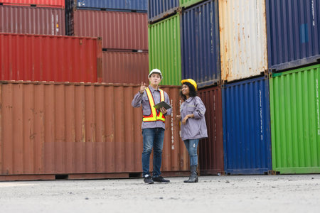 Logistics Team Discussion at Shipping Yard, Engineer man and Businesswoman Inspecting Cargo...