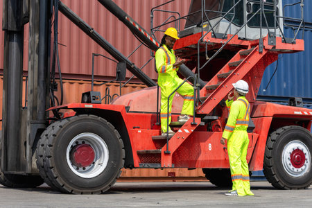Dock Worker Team in Safety Gear Control Containers Box at Industrial Site, Container Yard Workers...