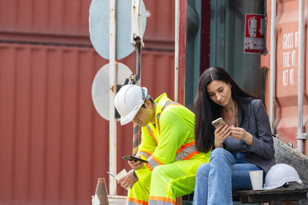 Logistics Workers Team in Breaking Time at Shipping Yard, Engineers and Businesswoman Inspecting Cargo Operations, Workers Relaxing and Using Smartphones in Industrial Areaの写真素材