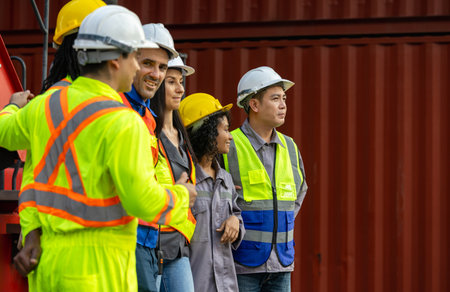 Cheerful Industrial Team Celebrating Success at Shipping Yard, Diverse Team of Workers Motivated and Excited, Logistics Engineers Inspecting at Cargo Containersの写真素材