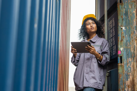 Female Logistics Professional Inspecting Containers, Woman with Tablet in Industry Containers Cargo