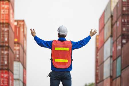 Back View of Logistics Manager at Shipping Container Yard, Foreman Dock Worker in Industry...
