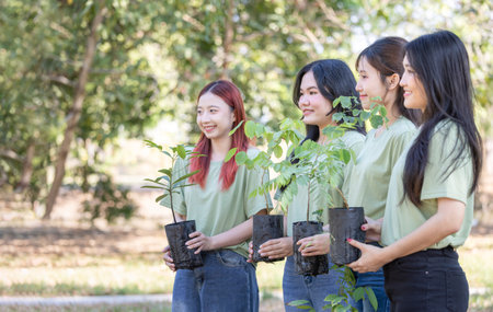 Group of Female volunteer people team preparing to plant trees, Young woman team volunteer planting tree, female volunteer team in park for charity event, Group planting a tree in the communityの写真素材