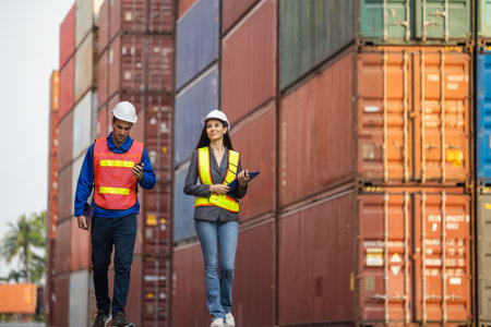 Supervisor in safety gear and engineer in hardhat checking and control loading containers box from...