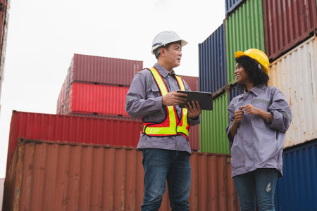 Logistics Team Discussion at Shipping Yard, Engineer and Foreman Worker Inspecting Cargo Operations