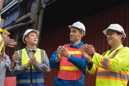 Success Teamwork Concepts, Diverse Team of Industrial Workers Applauding at a Construction Site,...