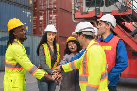 Diverse Team of Workers Motivated and Excited, Industrial Team Celebrating Success at Shipping Container Yardの写真素材