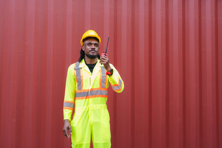 Engineer man in Safety Gear Inspecting Containers Box at Industrial Site, Container Yard Worker at...