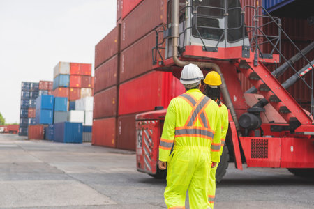 Back view of Engineer man Team in Safety Gear Control Containers Box at Container Cargo, Container Yard Workers Team Discussion at Shipping Yardの写真素材