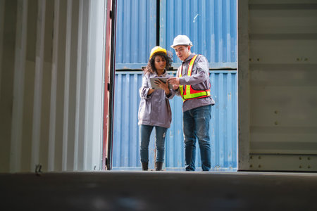 Engineer and Foreman Team in Safety Gear Inspecting Containers Box at Industrial Site, Container...