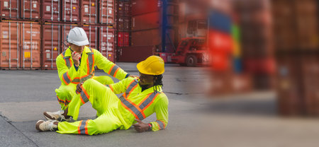 Foreman dock workers taking care about their colleague lying on the floor at shipping yard, Accident at work conceptsの写真素材