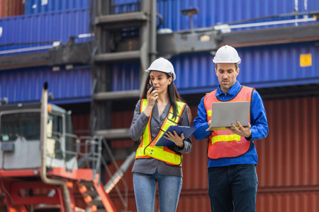 Logistics Professional Team Inspecting Containers Box at Shipping Container Yard, Engineer and...