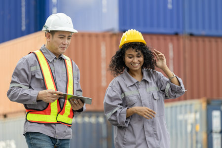 Engineer Team Working at Industry Containers Cargo, Foreman Workers Inspecting Containers Box at...