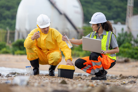 Environmental Engineers Conducting Field Work for Pollution Control, Workers Collecting Water Samples for Environmental Research, Engineers Analyzing Environmental Data on a Beach Cleanup Projectの写真素材