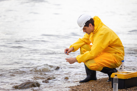 Environmental Scientist Testing Water Quality by a Lake, Man in Hazmat Suit Collecting Water Sample for Analysis, Ecologist Examining Water Purity in Natural Environmentの写真素材