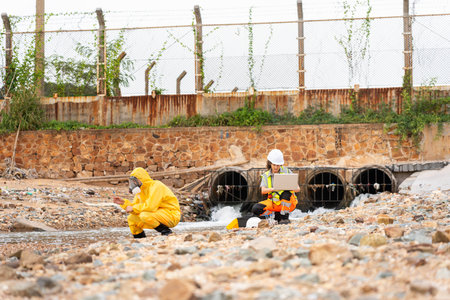 Workers Collecting Water Samples for Environmental Research, Engineers Analyzing Environmental Data on a Beach Cleanup Project, Environmental Engineers Conducting Field Work for Pollution Controlの写真素材