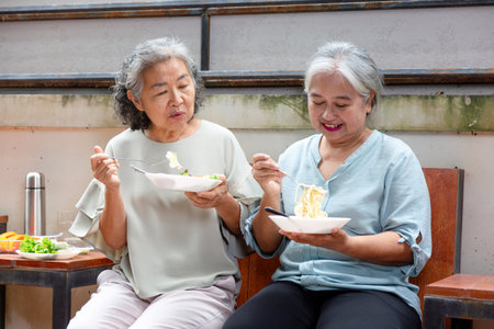 Happy Retirement Lifestyle, Senior Asian Friends Sharing Food and Conversation, Senior Women Enjoying Healthy Meal Together Outdoors with Friendsの写真素材
