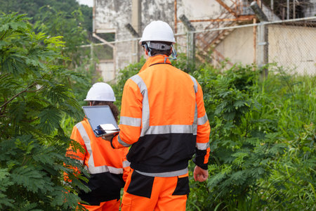 Back View of Engineers with Laptop Collaborating at Industrial Site with Storage Tanks, Team of...