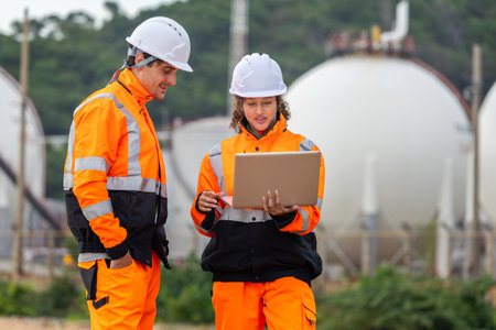 Engineers Collaborating at Industrial Site with Storage Tanks, Team of Engineers Conducting...