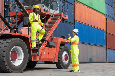Diverse Team of Engineers Working in Industrial Shipping Yard, Dock Workers Discussing Project on...