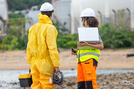 Back View of Environmental Scientists Testing Polluted Water Near Industrial Drain, Workers Collecting Water Samples for Environmental Research, Engineers Analyzing Environmental Data on a Beachの写真素材