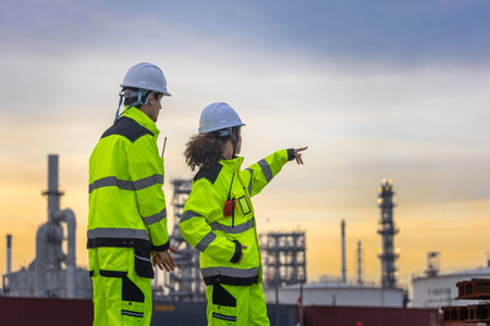 Workers Collaborating at Manufacturing Refinery Plant, Team of Engineers Reviewing Plans at Industrial Site at Duskの写真素材
