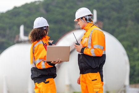 Engineers Collaborating at Industrial Site with Storage Tanks, Team of Engineers Conducting...