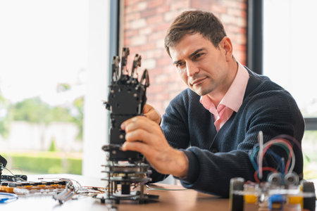 Robotics Engineer Working on Advanced Prosthetic Arm, Man Assembles Bionic Hand Prototype, Scientist...