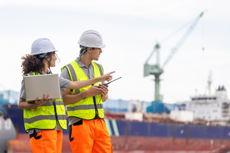 Port Engineers Team Discussing Logistics at a Shipping Yard, Team of Maritime Professionals Planning...