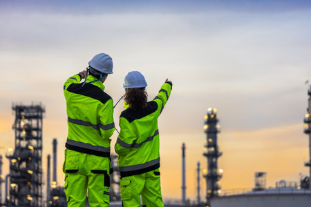 Workers Collaborating at Manufacturing Refinery Plant, Team of Engineers Reviewing Plans at...