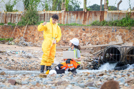 Environmental Workers Inspecting Industrial Site, Team in Protective Gear Surveying Contaminated Area, Engineers Assessing Safety at a Chemical Plantの写真素材