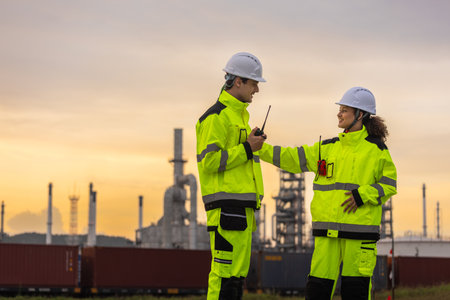 Industrial Engineers Observing Oil Refinery with Sunset in Background, Team of Engineers Conducting Operations at Oil Storage Field, Industrial Workers Collaborating at Site with Storage Tanksの写真素材