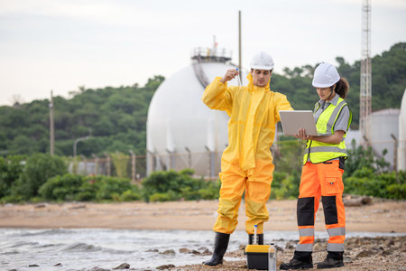 Environmental Scientists Collecting Water Samples for Analysis, Researchers Testing Water Quality at a Lake or Coastal Area, Water Pollution Control, Scientists at Work in the Fieldの写真素材