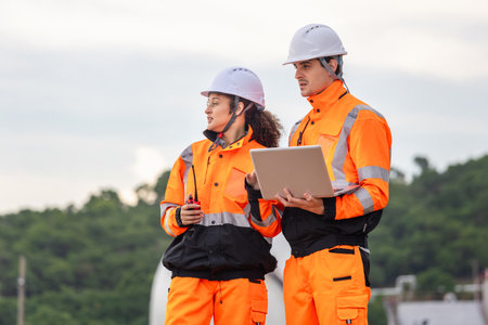 Engineers Collaborating at Industrial Site with Storage Tanks, Industrial Workers Conducting...