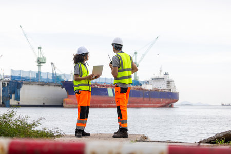 Team of Maritime Professionals Planning at a Harbor, Port Engineers Team Discussing Logistics at a Shipping Yard, Workers Overseeing Operations at a Commercial Dockの写真素材