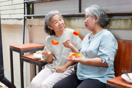 Two Senior Asian Women Enjoying Fresh Fruit Outdoors, Elderly Friends Sharing Healthy Snack and Conversation, Happy Grandmothers Eating Papaya Together in Gardenの写真素材