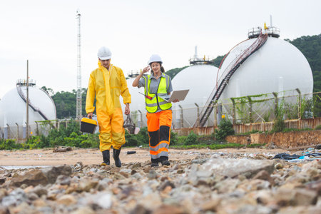 Environmental Workers Team Inspecting Industrial Site, Team in Protective Gear Surveying Contaminated Area, Engineers Assessing Safety at a Chemical Plantの写真素材