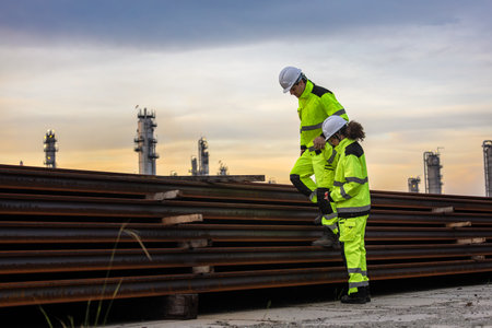 Engineers Reviewing Plans at Industrial Site at Dusk, Team of Industrial Workers at Site, Safety...