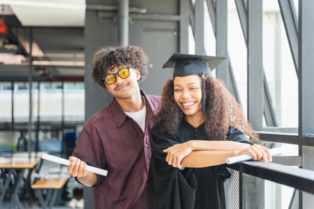 Happy Graduates Celebrate Success on Campus, Joyful Diverse Students on Graduation Day, Young Man Congratulates Female Graduate with Diplomaの写真素材