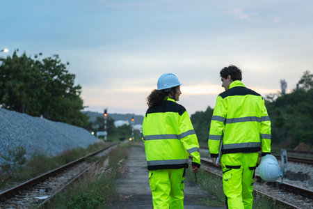 Railway Workers in High-Visibility Gear Walking on Tracks, Engineers or Technicians Inspecting Railroad at Dusk, Two Safety Personnel on a Train Track with Signal Lightsの写真素材