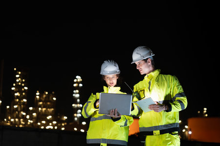 Engineers Reviewing Plans at Industrial Site, Team of Industrial Workers with Tablet at Night,...