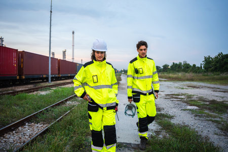Railroad Engineers or Logistics Workers on Site, Industrial Safety Team Inspecting Train Tracks, Two...