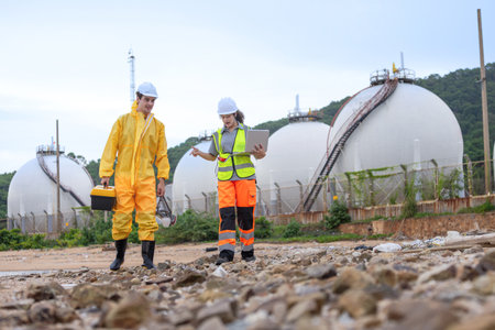 Industrial Engineers Inspecting Chemical Storage Tanks, Environmental Scientists at a Coastal...