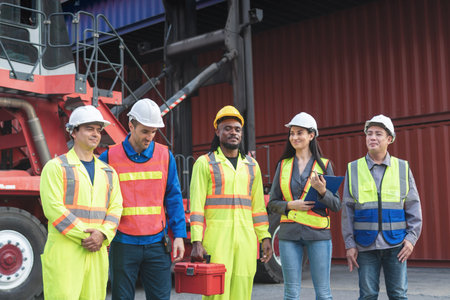 Diverse Group of Logistics Workers Standing in Front of Shipping Containers, Professional Port Team...