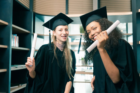 Happy Diverse Graduates Holding Diplomas in Library, Two Smiling Female Students Celebrating...