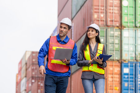 Engineers Team Inspecting Shipping Containers at Port Terminal, Foreman Workers at Container Yard,...
