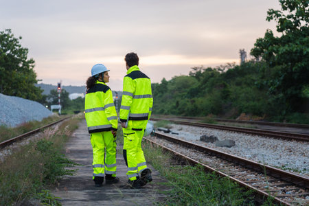 Engineers Monitoring Freight Operations at Railway Terminal, Logistics Team Supervising Cargo...