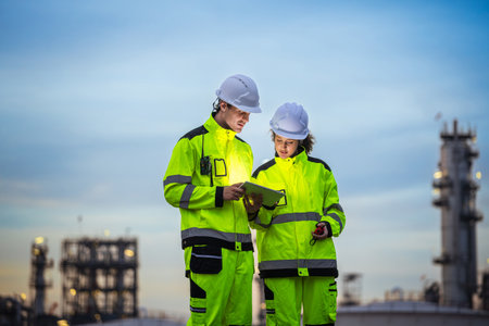 Industrial Engineers Using Digital Technology to Coordinate at Worksite, Team of Professionals...