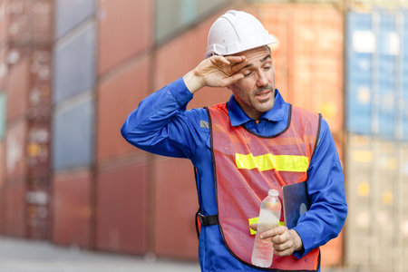 Tired Male Engineer in Safety Vest and Hard Hat Wiping Sweat at Shipping Container Yard, Overworked...