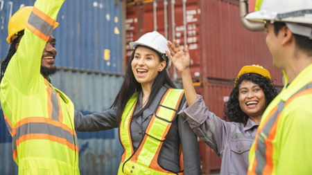 Happy Diverse Industrial Workers Celebrating Success, Team of Engineers and Foremen Working at Cargo Port, Multi-ethnic Construction Team High-Fiving on Siteの写真素材
